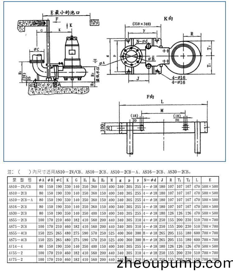 AS、AV型潛(qian)水(shui)式排(pai)汚泵(beng)安(an)裝(zhuang)尺(chi)寸(cun)